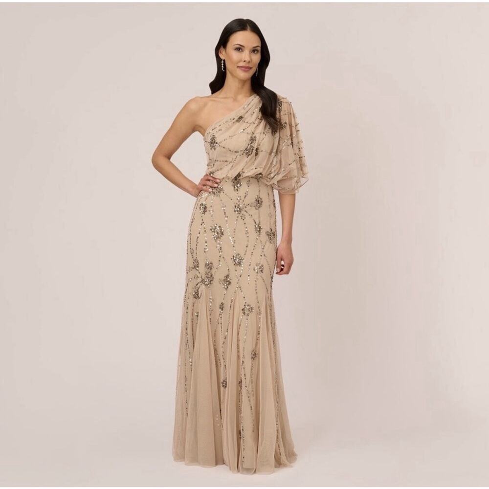 Adrianna Papell Nude Sequin Beaded Sheer Cold Shoulder Trumpet Gown Sz 2 $400